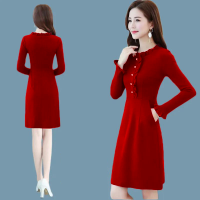 薄款/加绒2021秋冬新款长袖连衣裙大码修身打底裙遮肚显瘦a字裙女