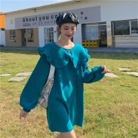 大码卫衣女连衣裙秋冬季加绒厚荷叶边新款韩版宽松翻领学生ins潮