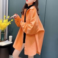 2021春秋新款系带收腰polo领灯芯绒色长袖衬衣中长款休闲女上衣