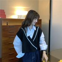 两件套装/单件百搭韩版宽松撞色针织马甲毛衣叠穿学院风长袖衬衫