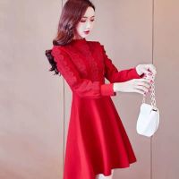 秋冬2021新款红色赫本风礼服裙女小个子长袖气质打底连衣裙短裙子