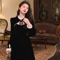 丝绒连衣裙女2021秋冬新款复古赫本风设计感小众珍珠心机中长裙子