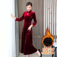 秋冬新款金丝绒长袖连衣裙加绒加厚中国风改良旗袍气质妈妈装