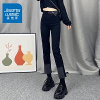 真维斯高腰直筒牛仔裤女2021秋冬加绒修身显瘦设计感拼色烟管裤子