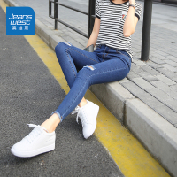真维斯高腰牛仔裤女修身显瘦春新款九分小脚破洞紧身小个子裤子