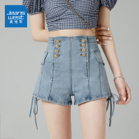 真维斯双排扣修身弹力牛仔短裤女2022新款高腰直筒抽绳显瘦短裤