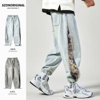 真维斯春夏新品牛仔裤复古拼接设计小熊刺绣抽绳束脚休闲风九分裤