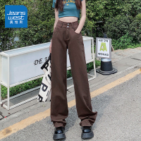 真维斯高腰牛仔裤女夏季直筒双扣复古拖地咖色chic微喇棕色长裤子