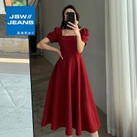真维斯旗下JSW白色轻熟风连衣裙女泡泡袖方领收腰显瘦气质中长款