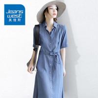 真维斯薄款天丝牛仔连衣裙女2022夏季收腰系带中长款短袖衬衫裙子