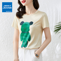 真维斯旗下JSW重磅缎面女新款数码小熊印花圆领韩版冰丝T恤女上衣