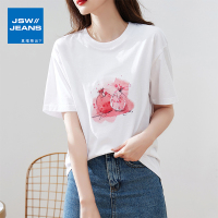 真维斯旗下JSW白t恤女冰丝光棉夏短袖上衣薄款圆领印花气质简约