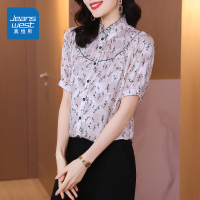 真维斯旗下JSW名媛气质碎花衬衫女夏装五分袖百搭复古雪纺衬衣女