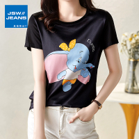 真维斯旗下JSW夏季冰丝薄款上衣短袖 T恤女印花缎面打底衫夏装女