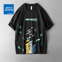 真维斯旗下JSW涂鸦刺绣字母短袖男2022夏季高街宽松落肩百搭t恤男