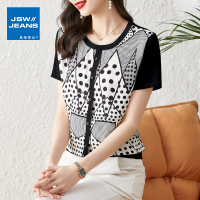 真维斯旗下JSW雪纺衬衫女短袖 夏新款高端缎面印花假开衫休闲上衣