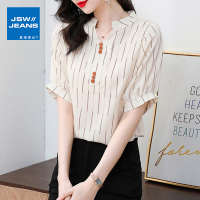 真维斯旗下JSW雪纺条纹短袖衬衣女夏新款V领宽松显瘦百搭韩版上衣