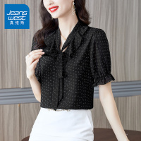 真维斯旗下JSW时尚衬衫女 短袖印花飘带雪纺扎染系带别致法式上衣