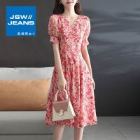 真维斯旗下JSW碎花连衣裙2022夏季新款高腰V领雪纺收腰减龄长裙子