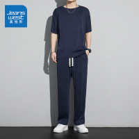 真维斯夏季薄款冰丝两件套装休闲裤潮牌短袖T恤男士套装时尚搭配