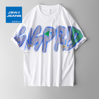 真维斯旗下JSW字母印花短袖男t恤宽松阔版纯棉高街痞帅半袖白上衣