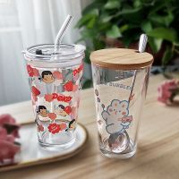ins玻璃杯吸管水杯牛奶杯可爱印花刻度杯子家用加盖勺女生高颜值