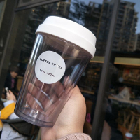 韩版简约双层隔热透明咖啡杯奶茶杯男女士大容量推盖塑料水杯家用