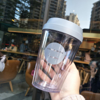 韩版简约双层隔热透明咖啡杯奶茶杯男女士大容量推盖塑料水杯家用