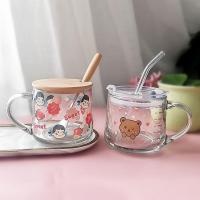 ins玻璃杯吸管牛奶早餐杯甜品杯可爱印花刻度杯子加盖勺女生礼物