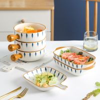 日式手绘手柄盘碗创意网红烘焙焗饭双耳烤盘烤箱专用陶瓷餐具套装