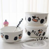 ins 韩版可爱卡通密封保鲜碗陶瓷带盖奶牛泡面碗学生上班族餐具