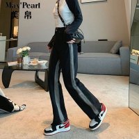 美帛撞色条纹牛仔裤女加绒百搭高腰vibe风阔腿宽松直筒渐变拖地裤