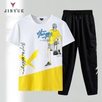 今越男装夏季短袖长裤套装男休闲青少年学生半袖T恤帅气搭配一套