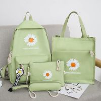 初中生书包女韩版高中学生小学生森系小清新校园双肩包大容量背包 雏菊绿色(四件套)