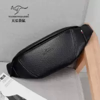 袋鼠男士腰包新款多功能胸包实用大容量腰包休闲斜挎包 荔枝纹黑色