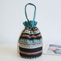 夏季森女风布艺手拎水桶包 女士手提小布袋 手机小布包零钱包 绿民族风