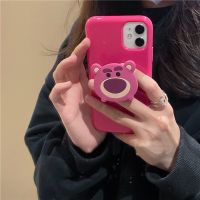 可爱草莓熊11苹果13/12promax手机壳iphone7/8plus软壳x/XR女支架 果冻壳 玫红+草莓熊支架 苹