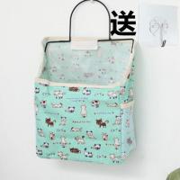 简约棉麻布艺书本杂物置物壁挂储物袋墙挂式收纳挂袋寝室宿舍神器 绿色猫咪 就送粘钩