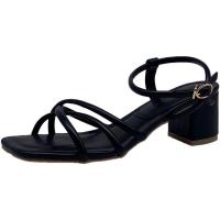 欧洲复古罗马鞋一字扣带粗跟凉鞋女夏2021新款搭扣高跟鞋简约时尚 黑色 35