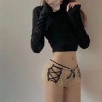 橘子家: 性感甜美镂空低腰内裤 蝴蝶结绑带交叉蕾丝三角裤 卡其色 均码 75-125斤