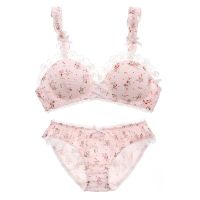韩风小清新碎花棉质舒适无钢圈文胸套装甜美少女学生小胸内衣内裤 粉色 M适合70ABC或75AB