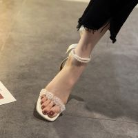 仙女小众法式中跟珍珠绑带凉鞋女粗跟2021夏透明一字带水晶高跟鞋 米白色 标准码