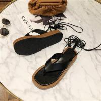 绑带凉鞋女2021夏季新款夹趾人字拖厚底松糕鞋复古系带罗马沙滩鞋 黑色 35