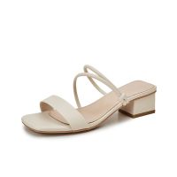 达芙哟2021年新款夏季软皮外穿两穿粗跟凉鞋女夏中跟仙女风凉拖鞋 米白色 35