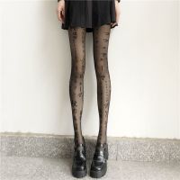 防勾丝黑色连裤袜子lolita日系少女甜美jk天鹅绒丝带蝴蝶结打底裤 字纹连裤袜-黑