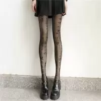 防勾丝黑色连裤袜子lolita日系少女甜美jk天鹅绒丝带蝴蝶结打底裤 字纹连裤袜-黑