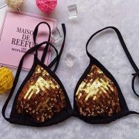 绑带式欧美刺绣亮片超薄款全性感诱惑镂空比基尼有海绵单件/套装 黑金上衣 均码[70-120斤]