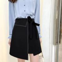 不规则系带蝴蝶结A字半身裙女2021春夏新款百搭遮胖高腰显瘦短裙 气质黑 S