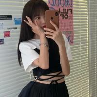 辣妹露肚脐两件套白色短袖T恤女超短款罩衫百搭背心炸街上衣ins潮 005 白色短款上衣 XXS 5斤内