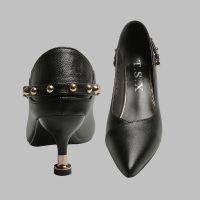 夏真皮一字扣单鞋中跟工作鞋黑色工装皮鞋绑带高跟鞋正装职业女鞋 黑色 34 尖头鞋脚胖脚宽建议大一码哦